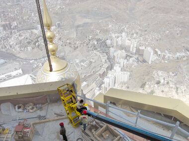 Using specialist lifting equipment, Heavydrive supported the installation work on the Mecca Clock Tower – one of Saudi Arabia’s most famous landmarks. Image rights: Heavydrive.com